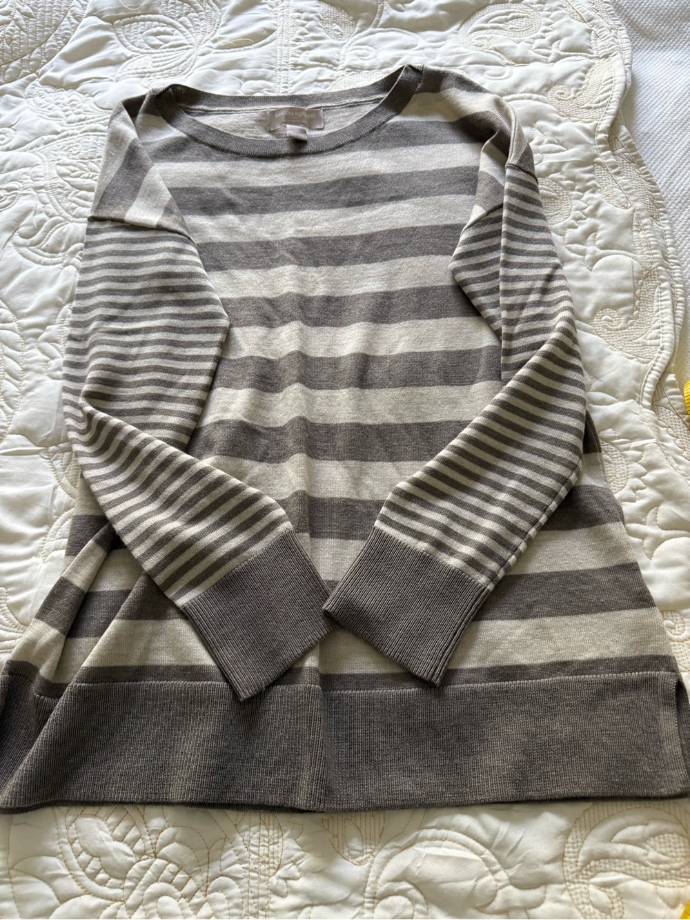 Banana Republic Striped Scoop Neck Sweater - Gray and Cream Merino Wool